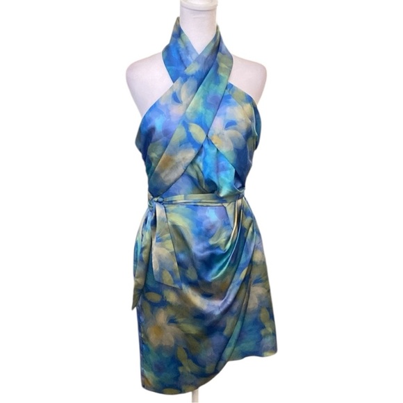 Badgley Mischka Blue and Green Halter Mini Cocktail Party Dress size 10 - Picture 3 of 13